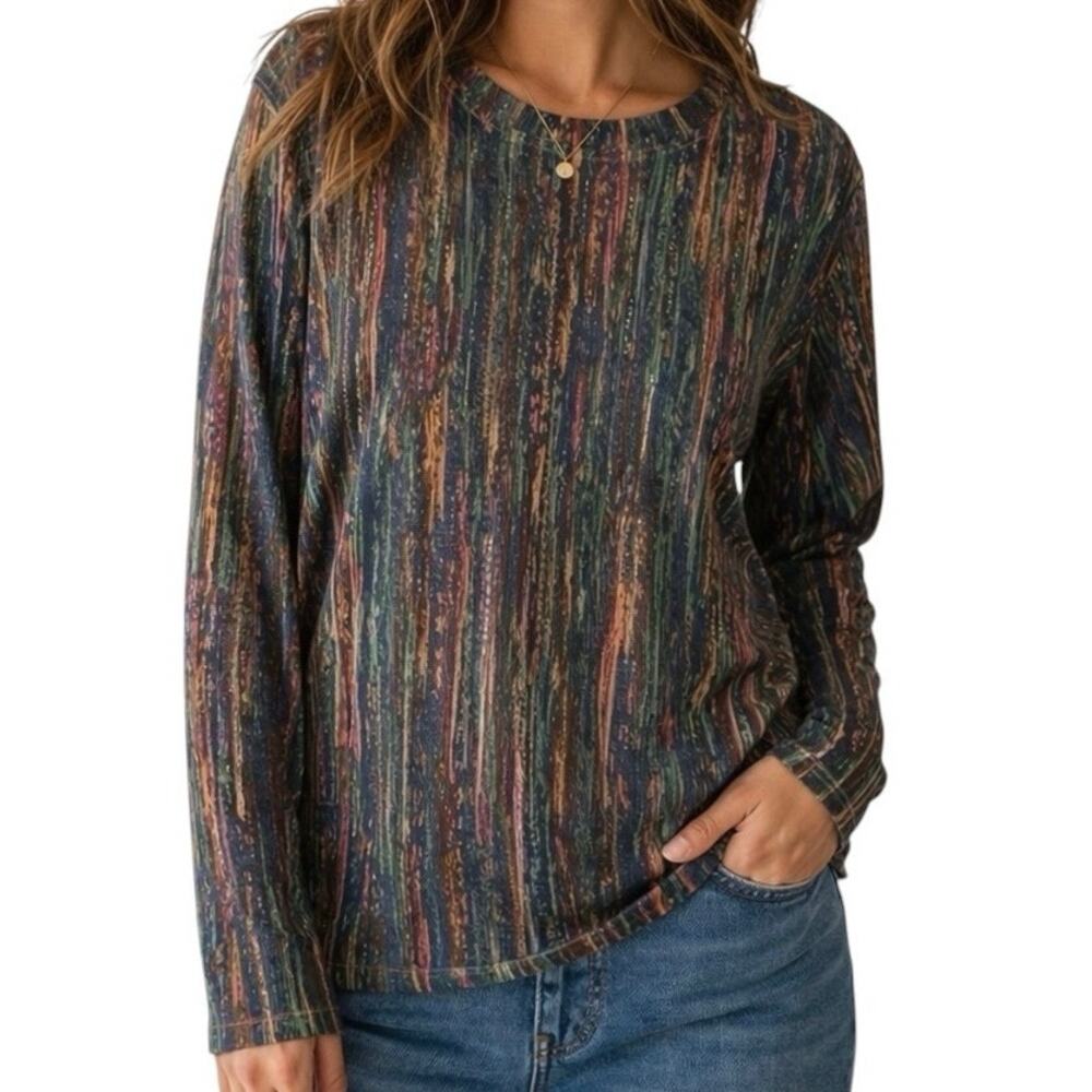 Vintage Style Abstract Stripe Long Sleeve Top Women’s Medium Multicolor Textured